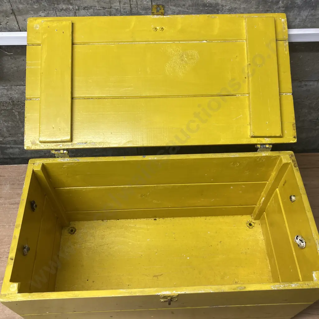 Wooden Box With Hinged Lid, Painted Yellow, Rope Handles Each End. H33 W60 D31cm Image 1++